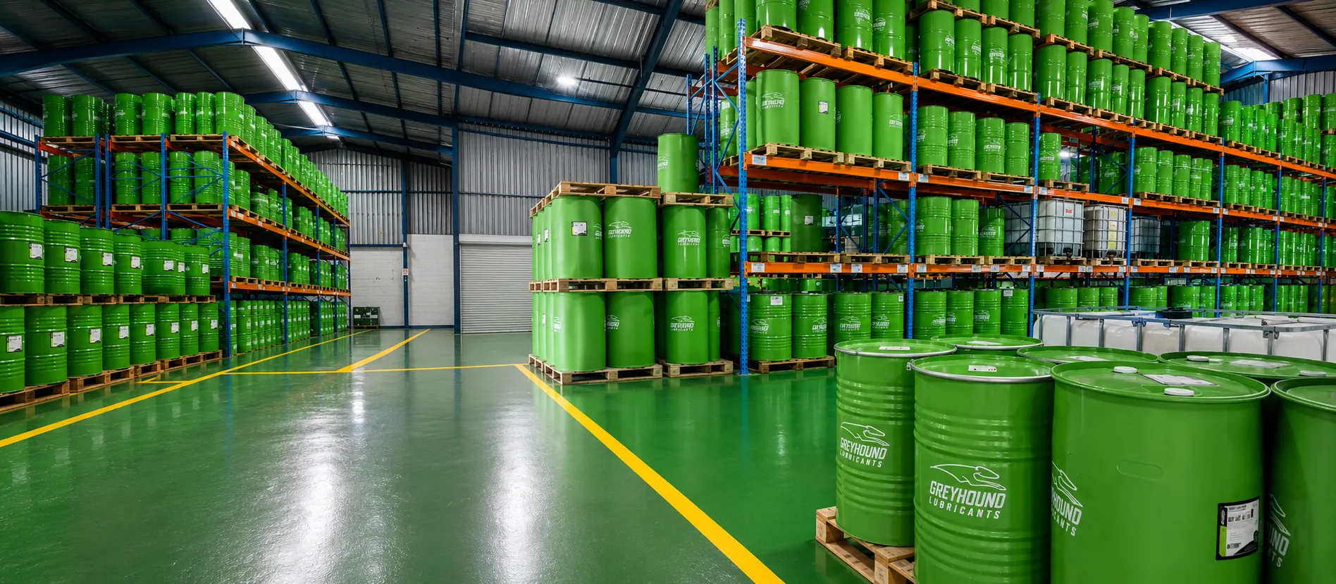 Bulk lubricant and oil tender supply - Greyhound Lubricants 210L drum and 1000L flowbin warehouse, Isando