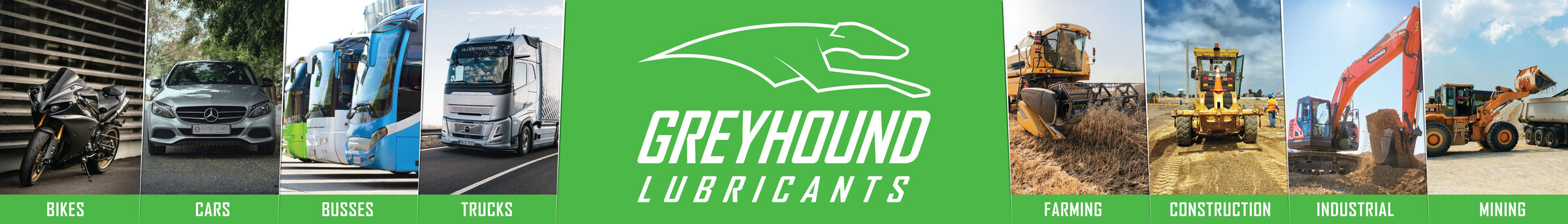 灰狗润滑油应用行业 Greyhound Lubricants for bikes, cars, busses, trucks, farming, construction, industrial and mining